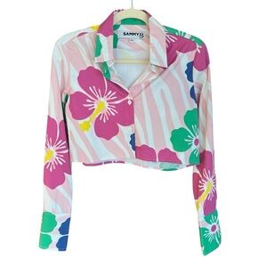 Sammy B Tropical Floral Crop Button Front Top Pink Multi Small Beach Vacation